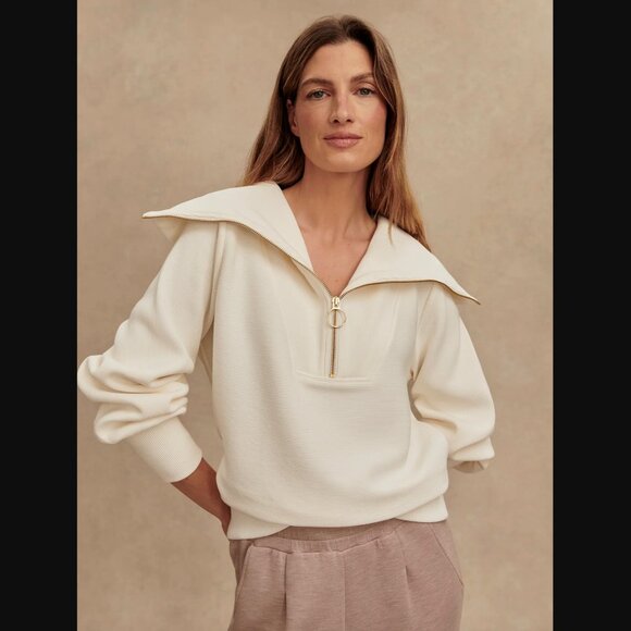 Varley Vine Half Zip Pullover Ottoman Rib Knit Oversized Spread Collar Ivory - Picture 1 of 14